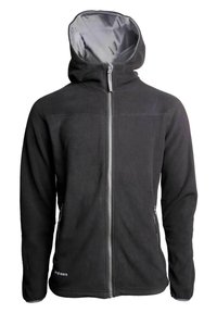 Svart fleecejacka med huva, hel framdragkedja, två sidofickor och grå foder inuti huvan. Slät textur, enkelt design.