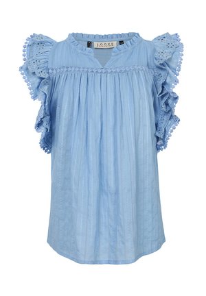 Lichtblauw top met gerimpelde mouwen, voorzien van een textuur ontwerp en geborduurde accenten langs de randen. Losse pasvorm met een ronde halslijn.