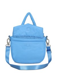 Világoskék, steppelt anyagú táska, tetején fogantyúval, állítható pánttal és fedéllel, amely patenttal záródik, valamint külső zsebbel rendelkezik.