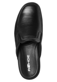 Sort læderslide sko med en glat overflade, afrundet tå, polstret sål og mærket indersål; har minimal syning og slip-on design.