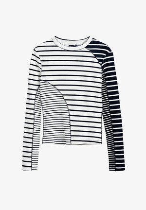 Długi rękaw z poziomymi białymi i granatowymi paskami. Posiada teksturę prążkowaną oraz asymetryczny fason po lewej stronie.