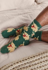 Calcetines verdes con patrón texturizado que presentan personajes de dibujos animados en color marrón claro y rojo. Puños acanalados y diseño de puntera reforzada.