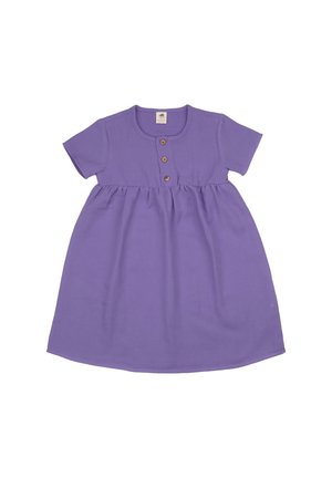 Short-sleeve purple toddler dress with round neckline and three wooden buttons on front chest placket, gathered waistline, soft fabric.