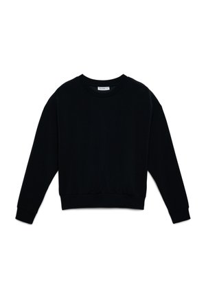 Felpa nera con scollo rotondo, maniche lunghe e orlo a costine. Tessuto morbido con una texture liscia e vestibilità rilassata.