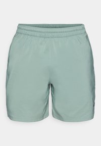 Light green athletic shorts with an elastic waistband, smooth texture, and stitching details. Features a small logo on the side.