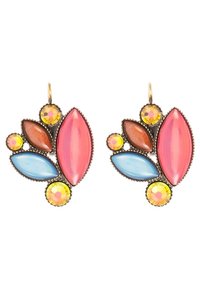 Boucles d'oreilles avec des pierres en forme de marquise rose, bleues et brunes, et des gemmes facettées rondes jaunes et orange dans un design en grappe.