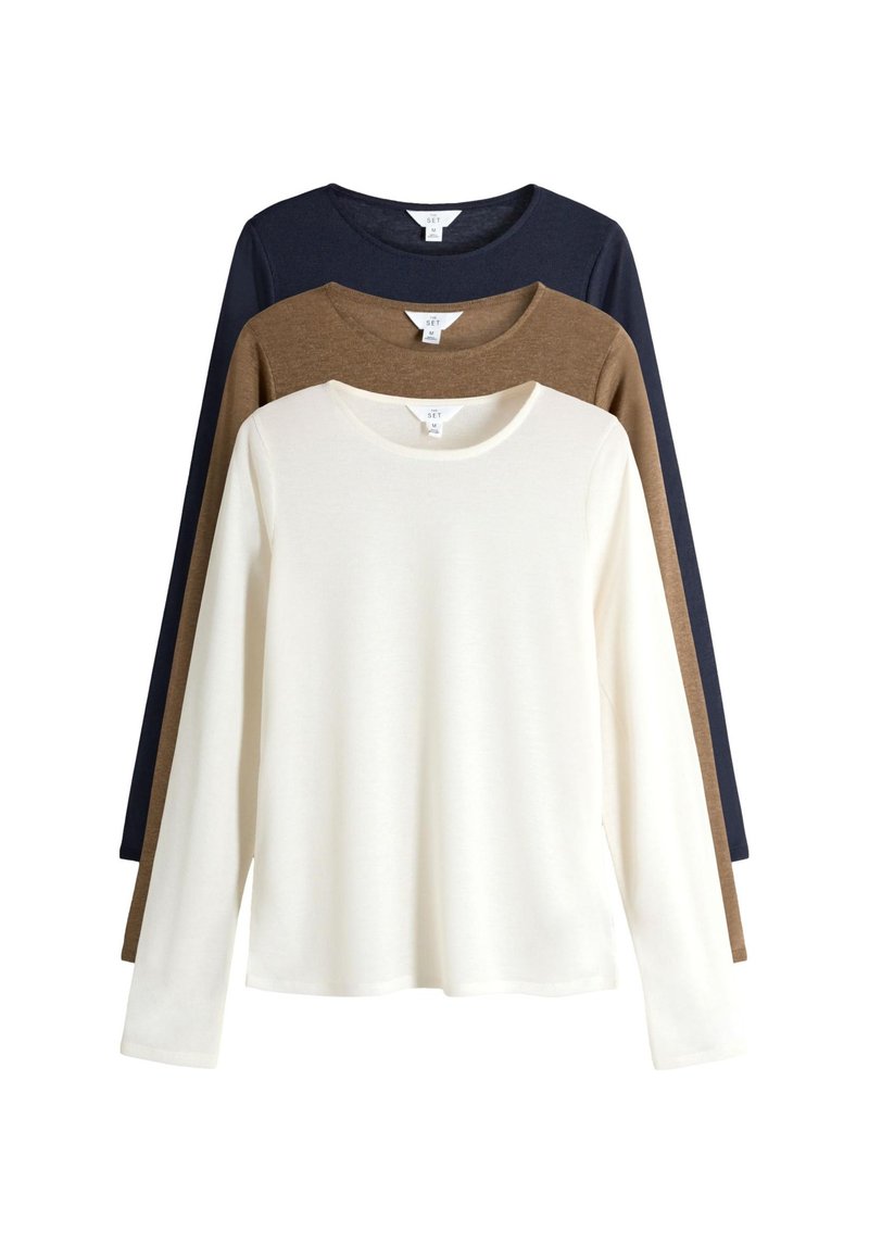 Trijų ilgomis rankovėmis marškinai, sudėti sluoksniais. Spalvos: tamsiai mėlyna, ruda ir balta. Apvalus kaklas, minkšta tekstūra, atsitiktinis dizainas, be raštų.