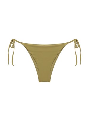 Bas de bikini kaki avec des côtés à nouer, fabriqué en tissu lisse et extensible ; présente un design minimaliste avec une taille basse et sans motifs.