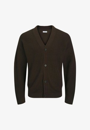 Dark brown knitted cardigan with a V-neck, featuring six black buttons at the front and ribbed texture, long sleeves, and a straight hem.