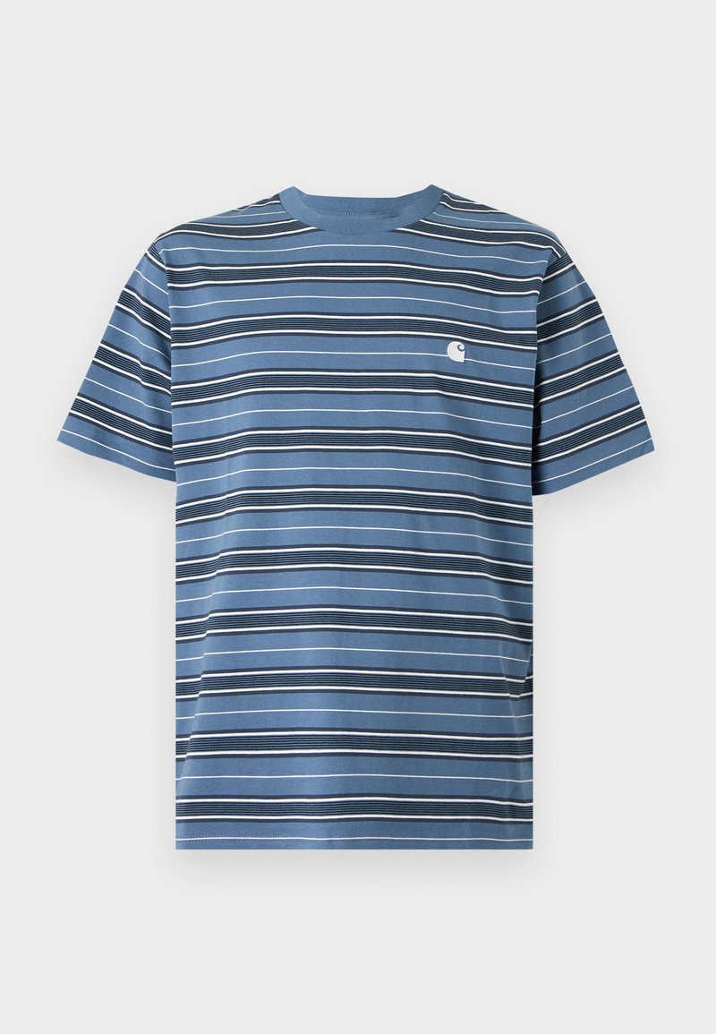 Blaues T-Shirt mit kurzen Ärmeln, schwarzen und weißen horizontalen Streifen und einem kleinen weißen Logo auf der linken Brust.