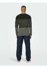 Langärmliger, mehrfarbiger Pullover in Schwarz, Grau und Oliv; mit rundem Ausschnitt und eng anliegenden Bündchen. Kombiniert mit dunkelblauen Jeans.