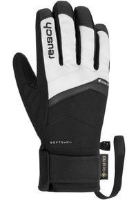 Black and white softshell winter glove with Gore-Tex and Reusch branding, adjustable wrist strap, and finger stitching details.