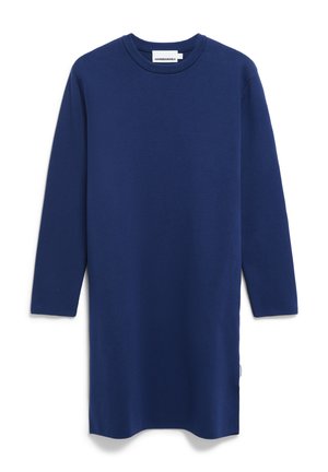 Navyblauwe jurk met lange mouwen, gemaakt van textuurstof, met een ronde halslijn en een rechte snit. Heeft een zijnaad en een merkaanduiding op de zoom.