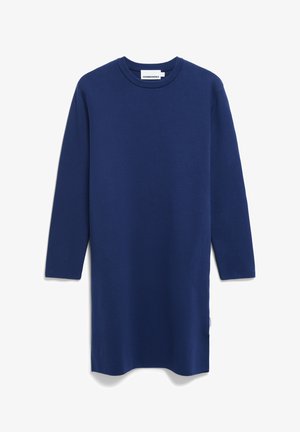 Marineblaues langärmliges Kleid aus strukturiertem Stoff, mit Rundhalsausschnitt und geradem Schnitt. Verfügt über einen seitlichen Schlitz und ein Markenlabel am Saum.
