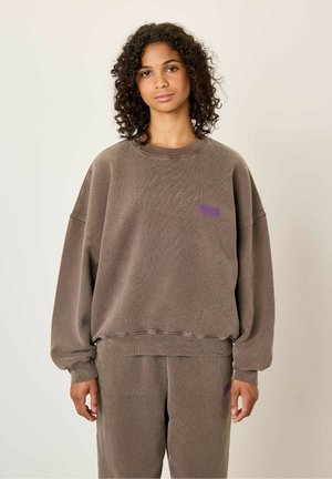 Felpa marrone oversize con spalle scese e polsini a costine, caratterizzata da un piccolo logo viola sul petto. Tessuto morbido e texture.