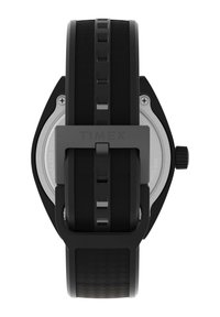 Montre Timex noire avec un bracelet en silicone, un dos en acier inoxydable, un boîtier rectangulaire et des accents texturés. Résistante à l'eau jusqu'à 50 mètres.