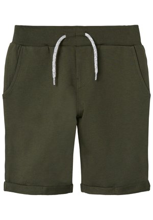 Olivengrønne knælange shorts med opkrydsede kanter, elastisk talje, hvid snor og sidelommer.