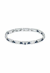 Stainless steel bracelet with interlocking geometric links, featuring navy blue accents and a central emblem. Smooth, polished finish.