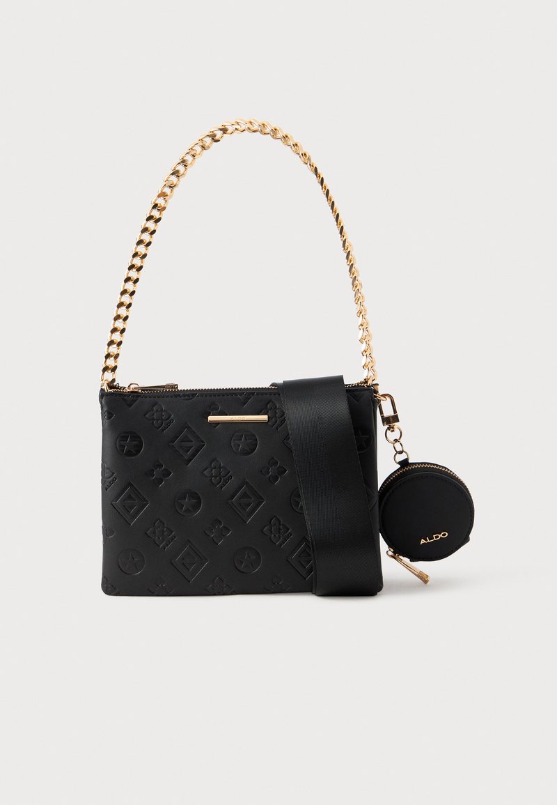 Black handbag with embossed pattern, metallic chain strap, and a detachable round coin pouch. Smooth texture and gold accents.