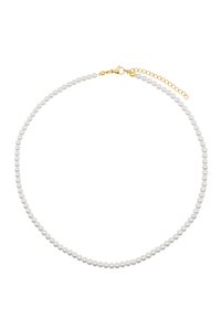Collier en perles blanches avec un fermoir en or en forme de homard et une chaîne réglable. Présente un design uniforme de perles rondes.