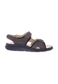 Graue Leder-Sandale mit zwei verstellbaren Klettverschlüssen, offenem Design mit Aussparungen und flexibler schwarzer Gummisohle.