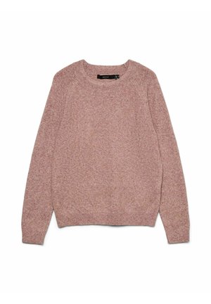 Suéter de color rosa claro, de punto, con cuello redondo, mangas largas, puños y dobladillo acanalados, textura suave con un sutil patrón jaspeado.