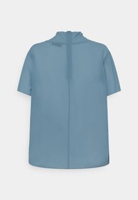 Korte mouwen blouse van lichtblauwe stof, met een hoge kraag en een verborgen rits aan de achterkant. Soepele textuur met een relaxte pasvorm.