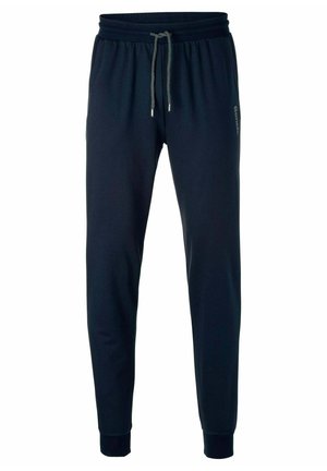 Navyblaue Jogginghosen aus weichem Stoff, mit einem elastischen Bund und einem Kordelzug sowie gerippten Bündchen an den Knöcheln. Dezentes Logodetail an der Seite.
