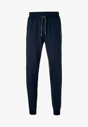 Navyblaue Jogginghosen aus weichem Stoff, mit einem elastischen Bund und einem Kordelzug sowie gerippten Bündchen an den Knöcheln. Dezentes Logodetail an der Seite.