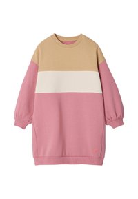 Sweaterkleid in Pink, Beige und Creme. Weicher Baumwollmix, oversized mit langen Puffärmeln, gerippten Manschetten und einem kleinen Logo am Saum.