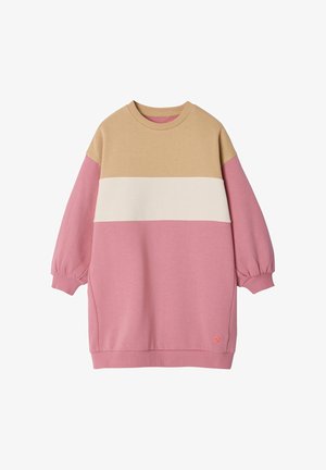 Colorblock-Pullover mit beigen, pinken und cremefarbenen Bereichen. Verfügt über einen Rundhalsausschnitt, pufferartige Ärmel und elastische Bündchen.