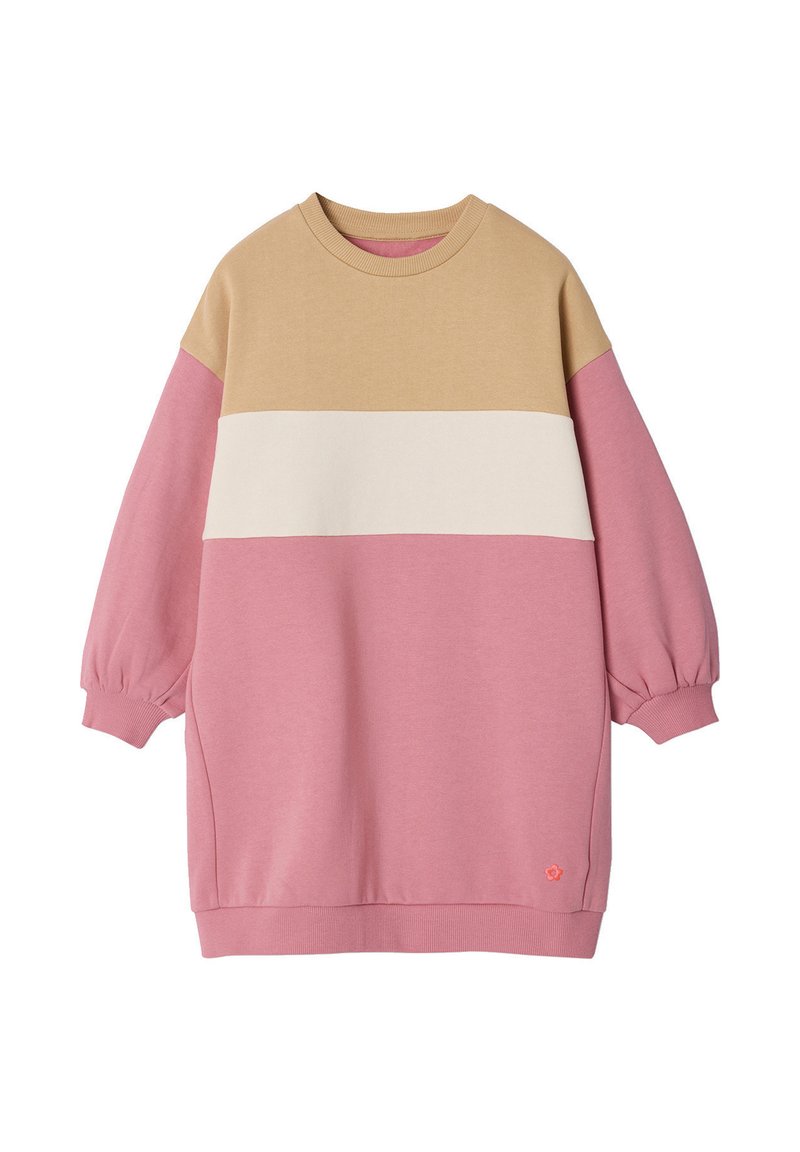Sweaterkleid in Pink, Beige und Creme. Weicher Baumwollmix, oversized mit langen Puffärmeln, gerippten Manschetten und einem kleinen Logo am Saum.