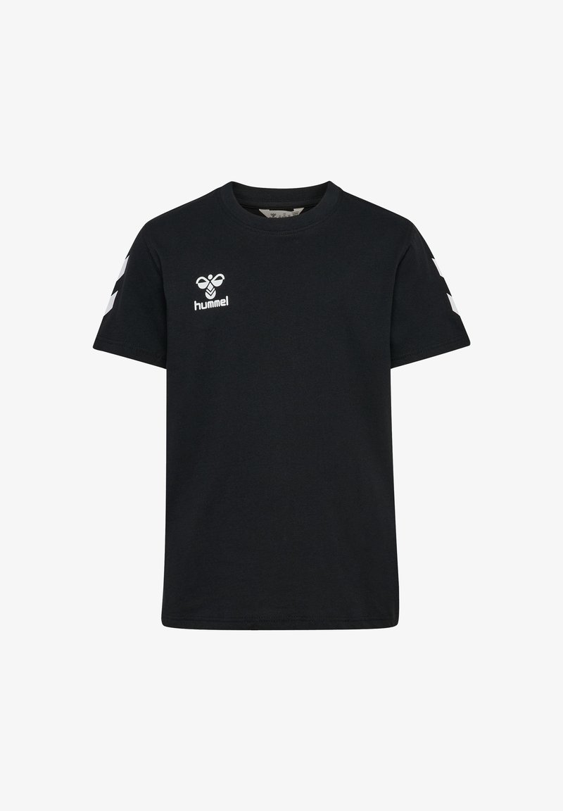 Schwarzes Baumwoll-T-Shirt mit Rundhalsausschnitt, das ein weißes Logo auf der Brust und ein weißes Chevron-Muster auf den Ärmeln zeigt.