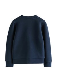 Sweat-shirt bleu marine à manches longues avec poignets et ourlet côtelés, vu de dos sur fond blanc.