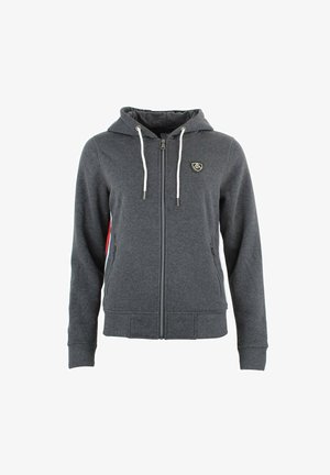 Sweat à zipper gris foncé avec capuche, cordons blancs, poches latérales et un petit logo sur la poitrine ; fabriqué en tissu doux et texturé.