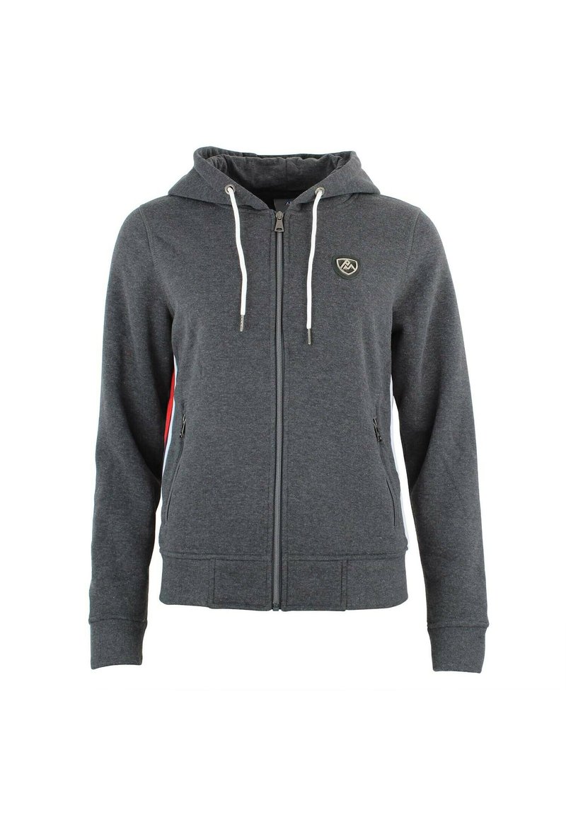 Donkergrijze rits hoodie met een capuchon, witte trekkoorden, zijzakken en een klein logo op de borst; gemaakt van zachte, gestructureerde stof.
