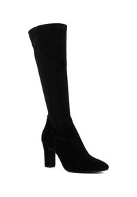 Black suede knee-high women's boot with block heel and pointed toe on a white background.