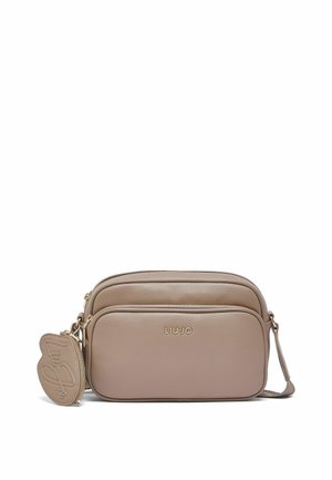Sac bandoulière rectangulaire taupe avec poche avant zippée, logo doré "LIU·JO" et porte-clés amovible en forme de cœur.