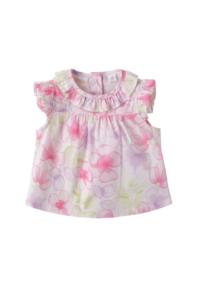 Top senza maniche floreale con fiori rosa e viola su uno sfondo chiaro. Maniche a sbuffo e scollo rotondo. Tessuto leggero.