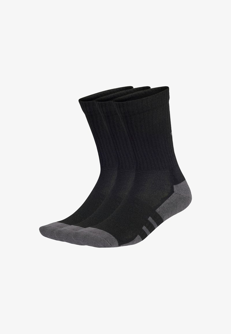 Medias negras hasta la rodilla con textura acanalada, puntera y talón reforzados en gris, con tres rayas en el costado. Conjunto de tres pares.