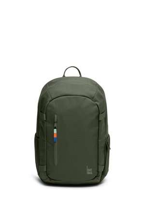 Dark green backpack with top handle, front zip pocket featuring multicolor pull tab, side pockets, and "GOT BAG" logo at bottom right.