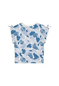 Top de manga corta en azul y blanco con un patrón floral que presenta diversas formas y texturas, incluyendo lunares y ondas.