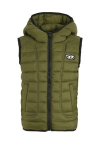 Gilet invernale color verde oliva con cappuccio, zip frontale e due tasche laterali. Presenta una texture trapuntata e dettagli neri sui bordi.