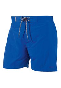 Shorts de bain bleus en matériau léger, dotés d'une taille élastique avec cordon de serrage et accent en argent, ainsi que d'un petit logo sur l'ourlet.