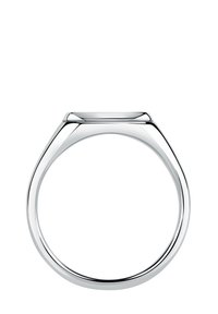 Silver ring med en slät, polerad yta, med en avlång rektangulär fäste och en avsmalnande ring. Minimalistisk design.