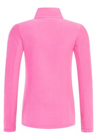 Veste en polaire rose vif vue de dos avec manches longues et col montant.