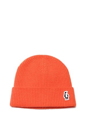 Beanie arancione a coste realizzato in lana, con risvolto e un piccolo logo di pinguino nero. Morbido al tatto con strisce verticali.