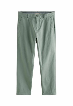 Pantaloni di cotone verde chiaro con design a gamba dritta, tasche frontali e chiusura con un solo bottone. Texture liscia e stile semplice.