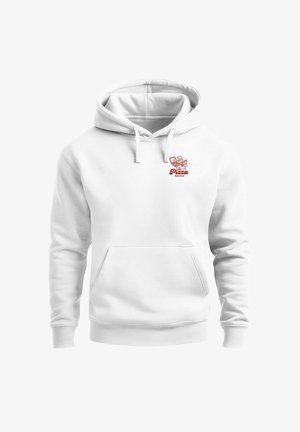 White hoodie with front pocket featuring small red graphic of a chef holding a pizza box and red text "Pizza Nevertheless" on chest.