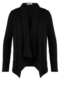 Cardigan noir à manches longues avec devant ouvert, col châle drapé et ourlet asymétrique, présenté sur un fond blanc.